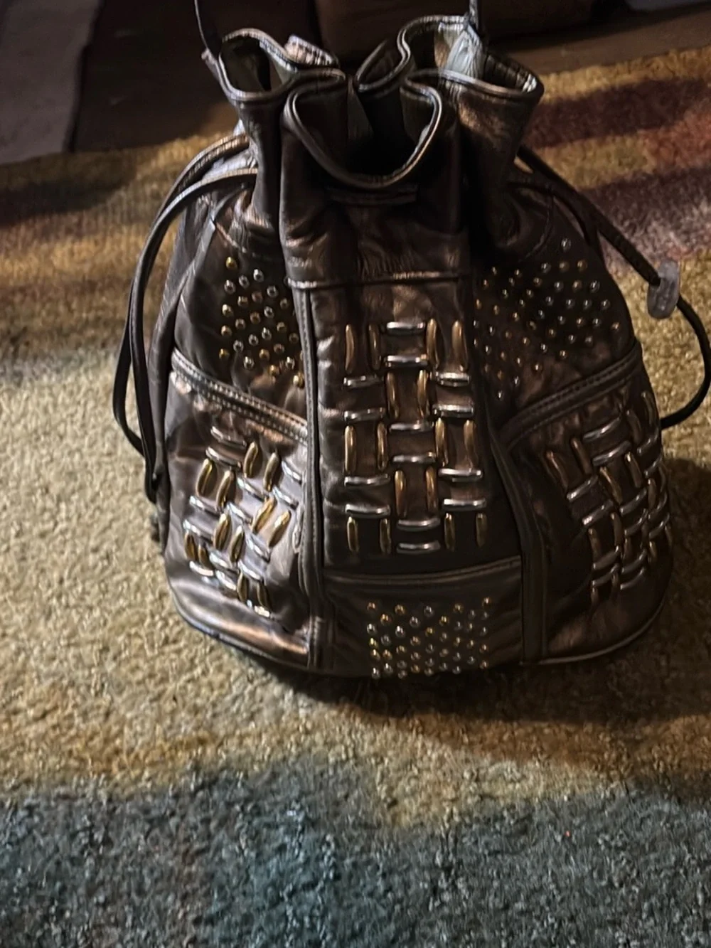 Studded Woven Drawstring Hobo Bag - Bronze
